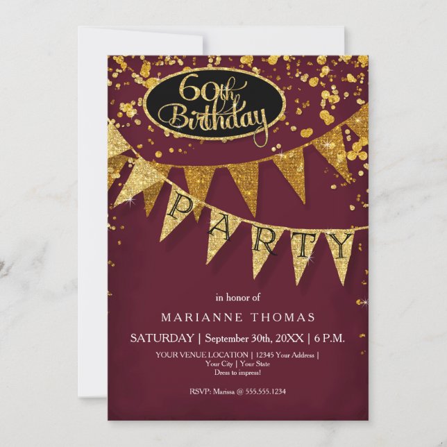 60th Birthday Party Pennant Banner Confetti Invitation (Front)