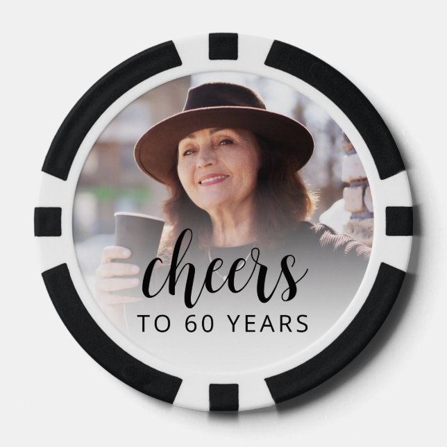 60th Birthday Party Photo Black Script Cheers Poker Chips (Front)