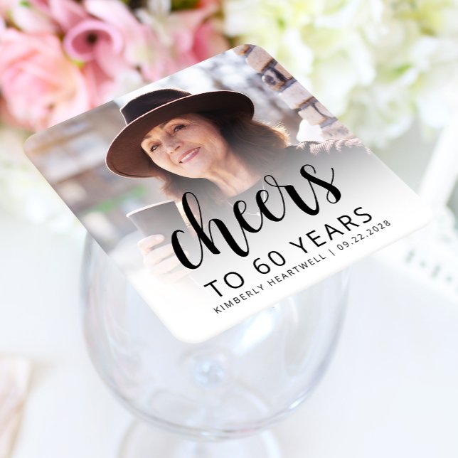 60th Birthday Party Photo Black Script Cheers Square Paper Coaster (Creator Uploaded)
