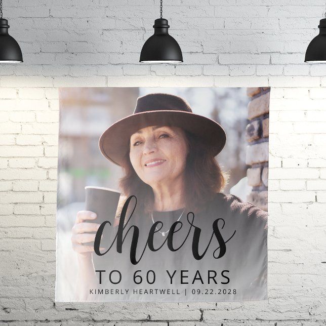 60th Birthday Party Photo Black Script Cheers Tapestry (Creator Uploaded)