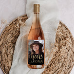 60th Birthday Party Photo Cheers<br><div class="desc">This custom 60th birthday wine label features the guest of honour's personalized photo,  name,  and birthday,  along with the word "Cheers" in elegant gold-coloured calligraphy script. A dark screen helps make the text pop. A great way to celebrate someone who's turning sixty!</div>