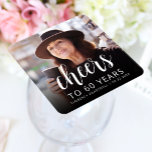 60th Birthday Party Photo Cheers White Script Square Paper Coaster<br><div class="desc">This custom 60th birthday paper coaster features the guest of honour's personalized photo,  name,  and birthday,  along with the word "Cheers" in elegant white calligraphy script. A dark screen helps make the text pop. A great way to celebrate someone who's turning sixty!</div>