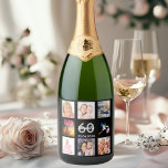 60th birthday party photo collage black sparkling wine label<br><div class="desc">A bottle label for a 60th birthday party,  celebrating her life with a collage of 8 of your photos.  Templates for a name,  age 60 and a date.  Date of birth or the date of the party.  White and grey coloured letters.  Elegant black background.</div>