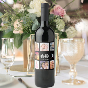 60th birthday party photo collage black wine label