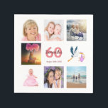 60th birthday party photo collage napkin<br><div class="desc">A napkin for a girly 60th birthday party,  celebrating her life with a collage of 8 of your photos.  Templates for a name,  age 60 and a date.  Date of birth or the date of the party.  Coral and burgundy coloured letters.  White background.</div>