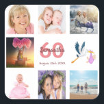 60th birthday party photo collage square sticker<br><div class="desc">A sticker for a girly 60th birthday party,  celebrating her life with a collage of 8 of your photos.  Templates for a name,  age 60 and a date.  Date of birth or the date of the party.  Coral and burgundy coloured letters.  White background.</div>