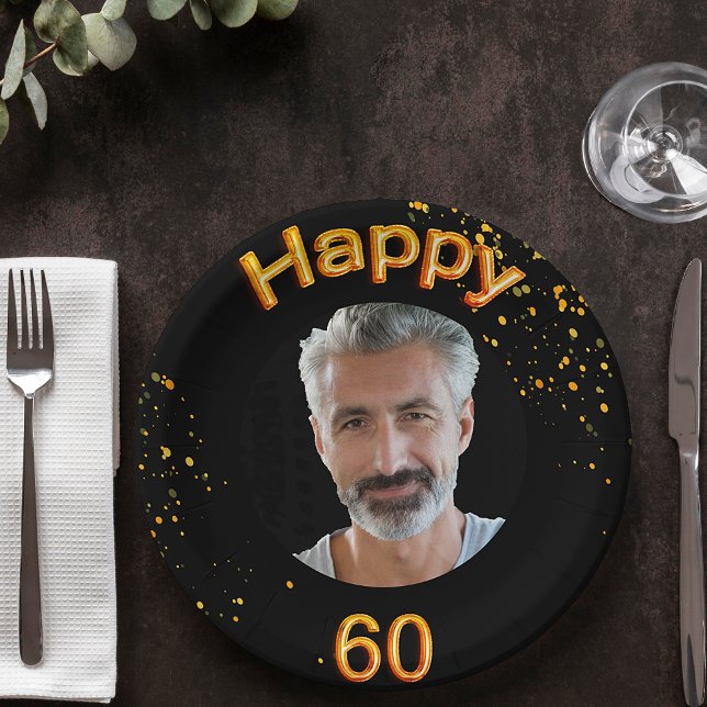 60th birthday party photo gold balloons black paper plate (Creator Uploaded)