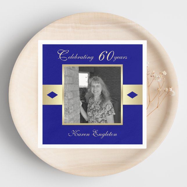 60th Birthday Party Photo on Navy Blue Napkin (Creator Uploaded)