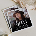 60th Birthday Party Photo White Script Cheers Napkin<br><div class="desc">This custom 60th birthday napkin features the guest of honour's personalized photo,  name,  and birthday,  along with the word "Cheers" in elegant white calligraphy script. A dark screen helps make the text pop. A great way to celebrate someone who's turning sixty!</div>