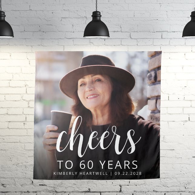 60th Birthday Party Photo White Script Cheers Tapestry (Creator Uploaded)