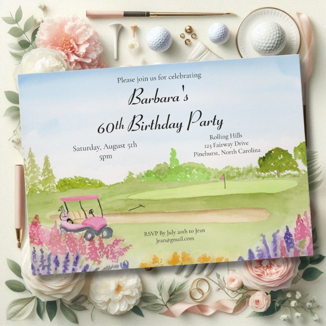 60th Birthday Party Pink Golf Cart Golf Course Invitation (Creator Uploaded)