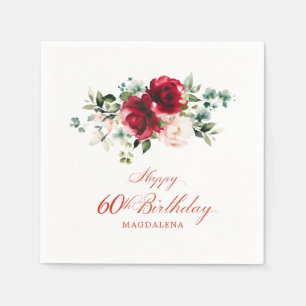 60th Birthday Party Pink Red Floral Custom Napkin