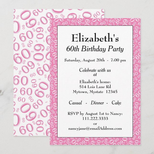 60th Birthday Party Pink/White Number Pattern Invitation (Front/Back)