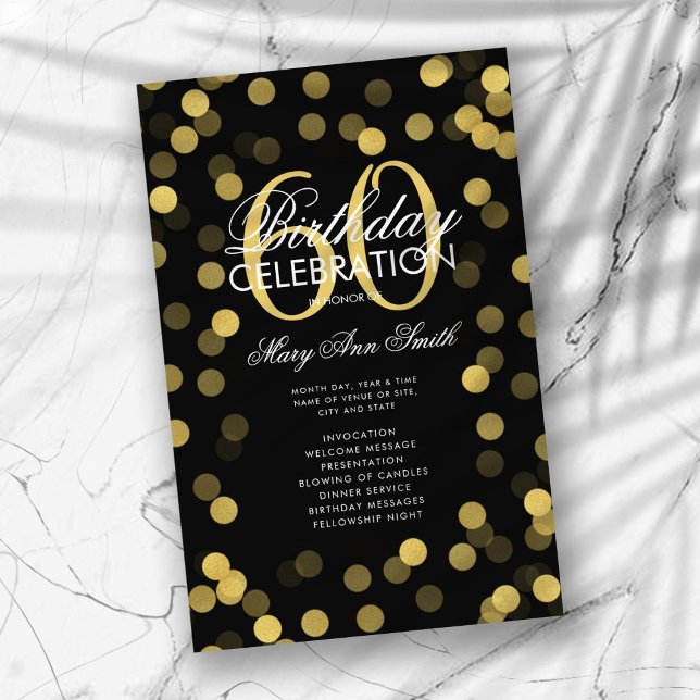 60th Birthday Party Program Gold Confetti w/ Menu (Creator Uploaded)