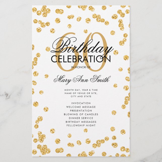 60th Birthday Party Program Gold Glitter w/ Menu (Front)