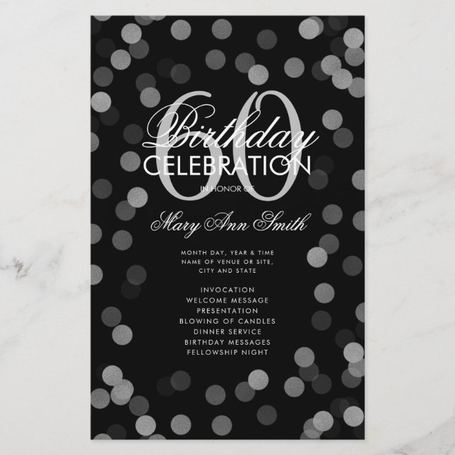 60th Birthday Party Program Silver Confetti Menu (Front)