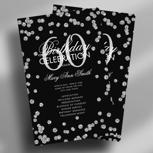 60th Birthday Party Program Silver Glitter w/ Menu (60th Birthday Party Program Silver Glitter w/ Menu Flyer)