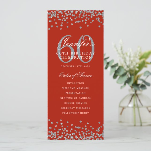 60th Birthday Party Program Silver Menu Red  (Standing Front)