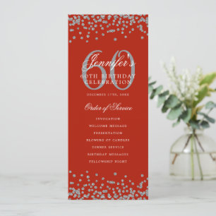 60th Birthday Party Program Silver Menu Red