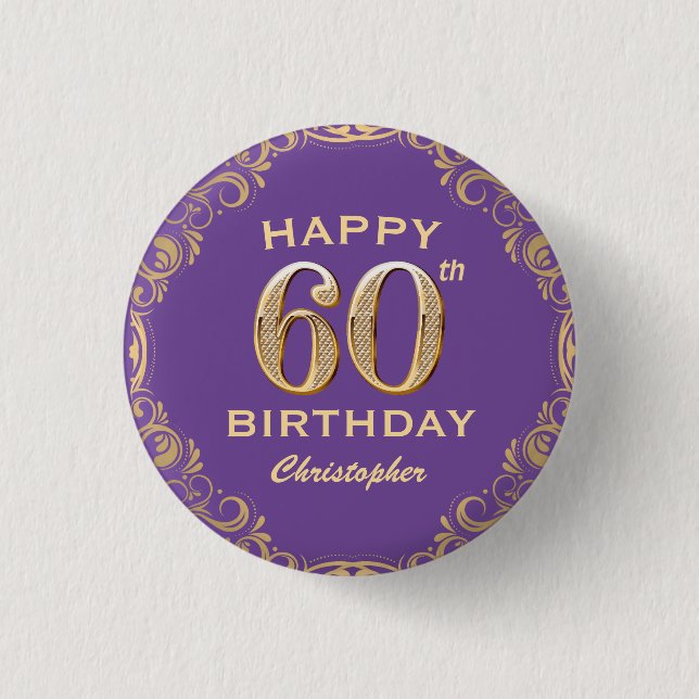 60th Birthday Party Purple and Gold Glitter Frame 1 Inch Round Button (Front)