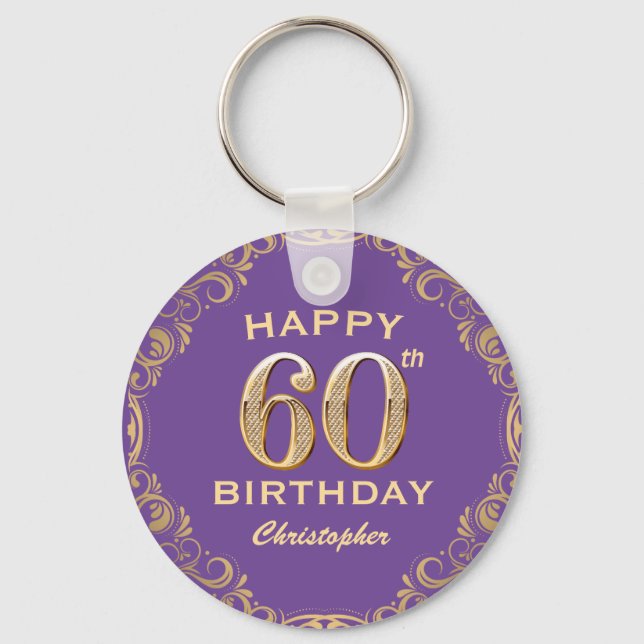 60th Birthday Party Purple and Gold Glitter Frame Keychain (Front)