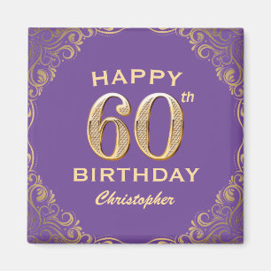 60th Birthday Party Purple and Gold Glitter Frame Magnet