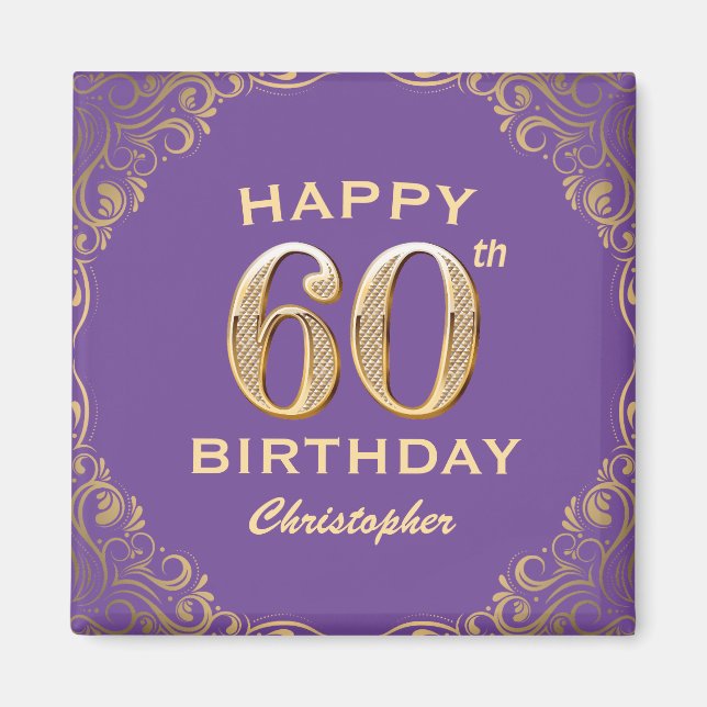 60th Birthday Party Purple and Gold Glitter Frame Magnet (Front)