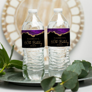 60th Birthday Party Purple Gold Agate Water Bottle Label
