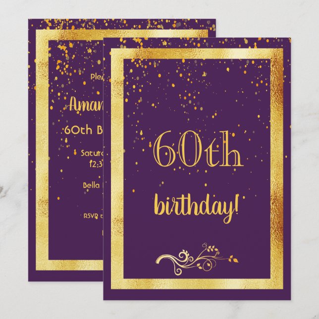 60th birthday party purple gold elegant invitation (Front/Back)