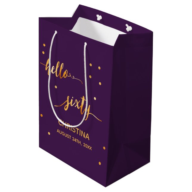 60th birthday party purple gold hello sixty medium gift bag (Back Angled)