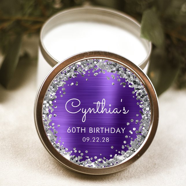 60th Birthday Party Purple Silver Glitter Classic Round Sticker (Creator Uploaded)