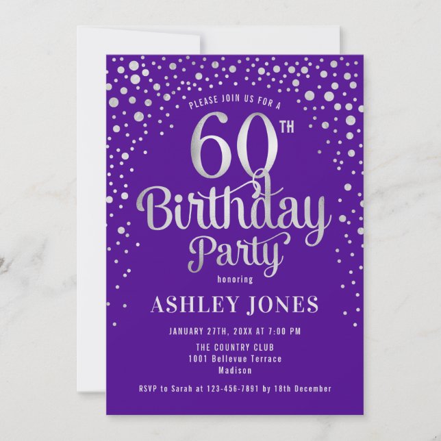 60th Birthday Party - Purple & Silver Invitation (Front)
