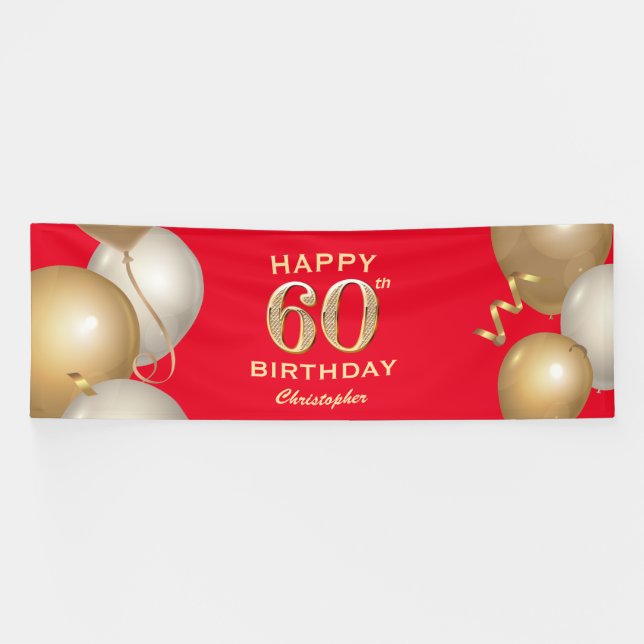 60th Birthday Party Red and Gold Balloons Banner (Horizontal)