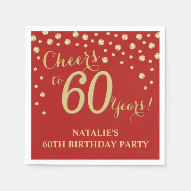 60th Birthday Party Red and Gold Diamond Napkins (Front)