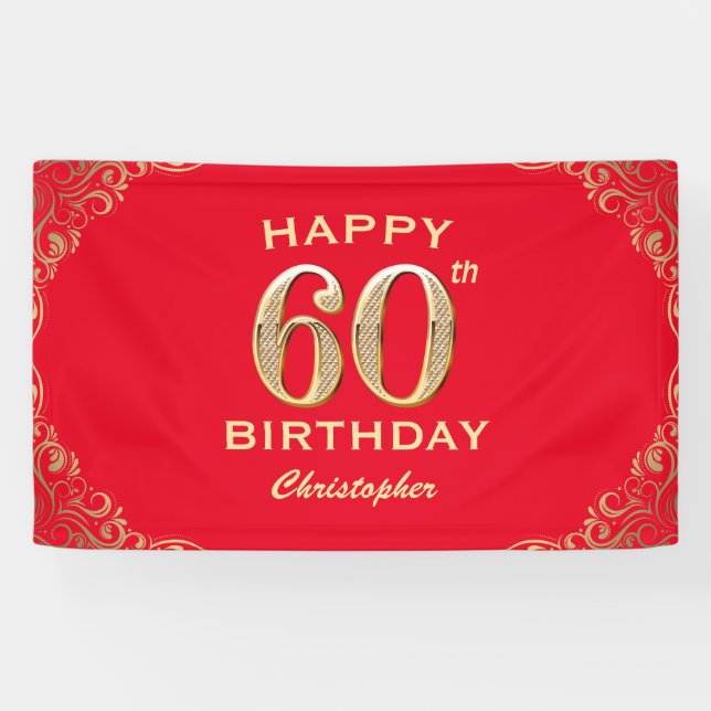 60th Birthday Party Red and Gold Glitter Frame Banner (Horizontal)