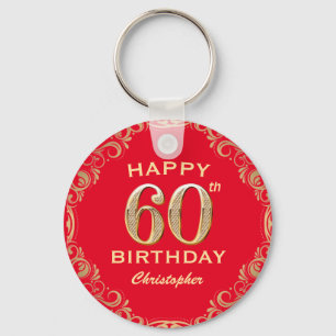 60th Birthday Party Red and Gold Glitter Frame Keychain