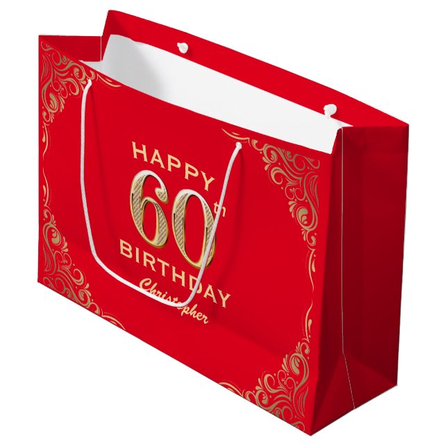 60th Birthday Party Red and Gold Glitter Frame Large Gift Bag (Front Angled)