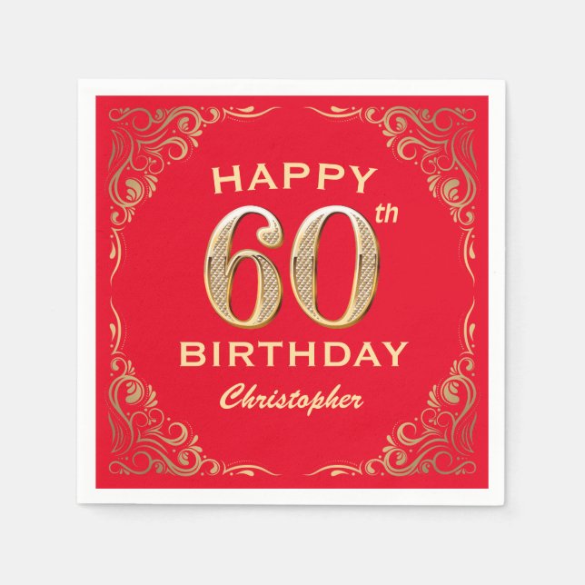 60th Birthday Party Red and Gold Glitter Frame Napkin (Front)