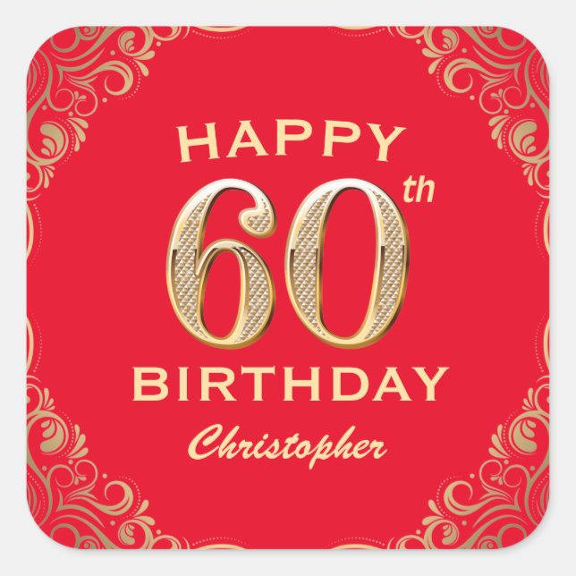 60th Birthday Party Red and Gold Glitter Frame Square Sticker (Front)
