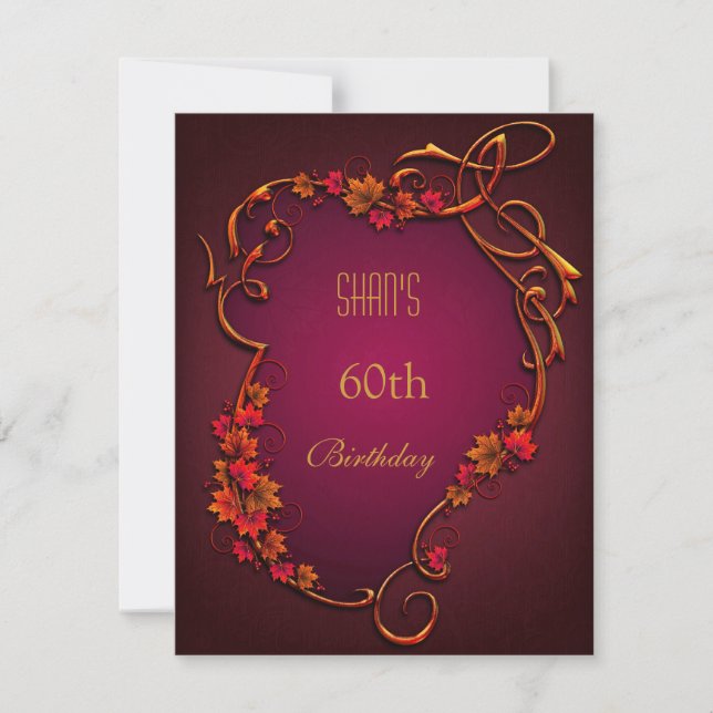 60th Birthday Party Red Brown Autumn Floral Invitation (Front)