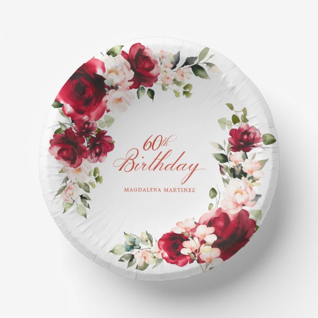 60th Birthday Party Red Pink Floral Custom Paper Plate (Front)