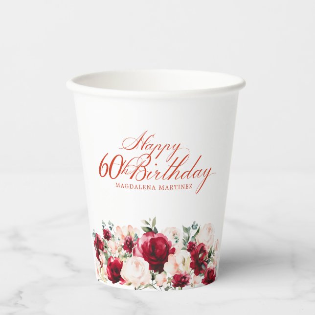 60th Birthday Party Red Rose Pink Peony Custom Paper Cups (Front)
