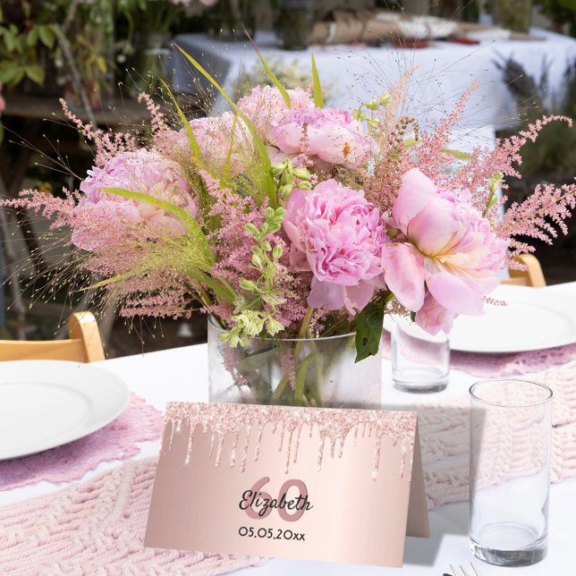 60th birthday party rose gold glitter pink sparkle place card (Creator Uploaded)