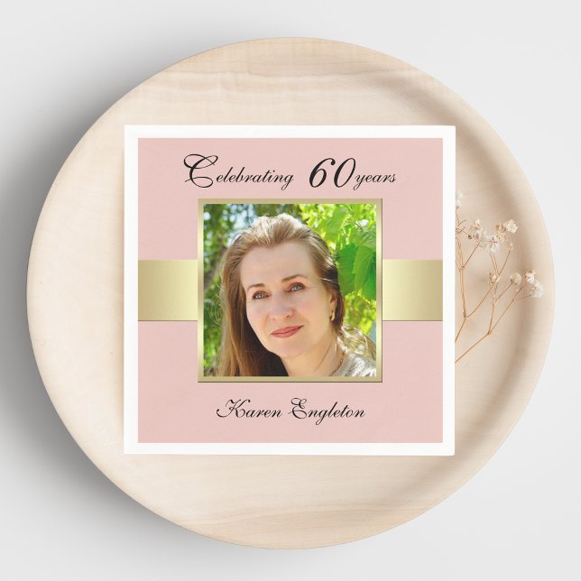 60th Birthday Party Rose Gold Photo Napkins (Creator Uploaded)