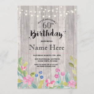 60th Birthday Party Rustic Wood Floral 40th Invite