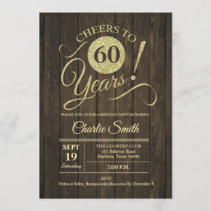 60th Birthday Party - Rustic Wood Gold Invitation