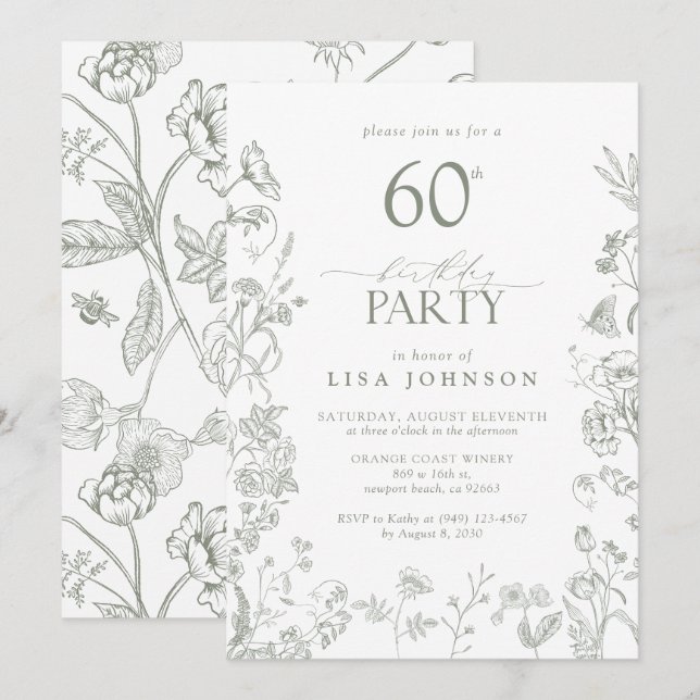60th Birthday Party Sage Green Victorian Floral Invitation (Front/Back)