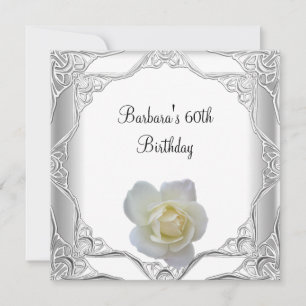 60th Birthday Party Silver Lace White Rose Invitation