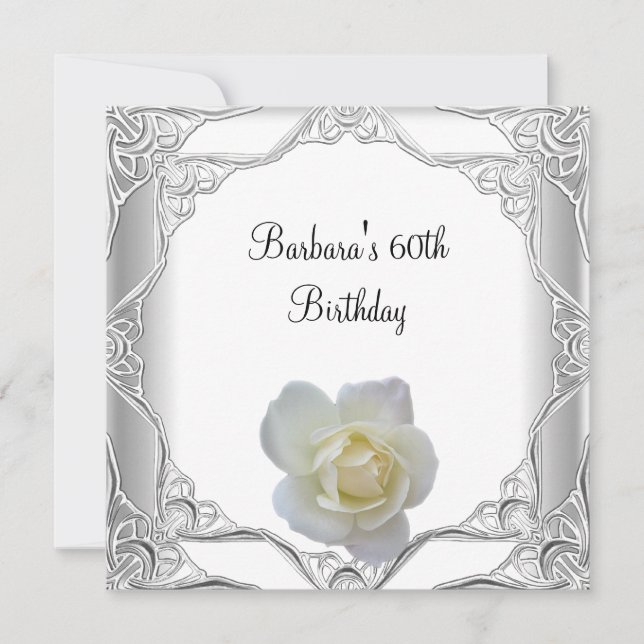 60th Birthday Party Silver Lace White Rose Invitation (Front)