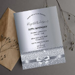 60th birthday party silver sparkle invitation postcard<br><div class="desc">A modern, stylish and glamourous invitation for a woman's 60th birthday party. A faux silver metallic looking background with an elegant faux silver bow, ribbon and sparkle. The name is written with a modern black hand lettered style script. Templates for your party details. Tip: If you don't want it to...</div>